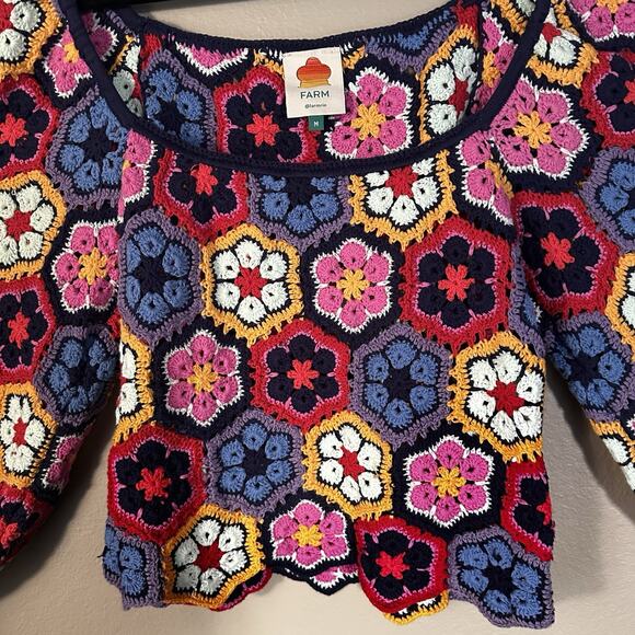 Farm Rio Women M Sweater Crochet Handmade puff sleeves Elastic shoulders wrists - Picture 5 of 10